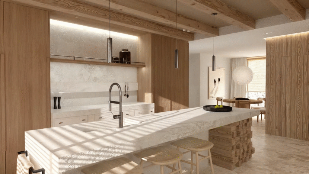 Kuchnia i jadalnia zaprojektowane przez SOHA Design – przykład kompleksowego projektowania wnętrz łączącego minimalizm, naturalne materiały i spokojny klimat przestrzeni.